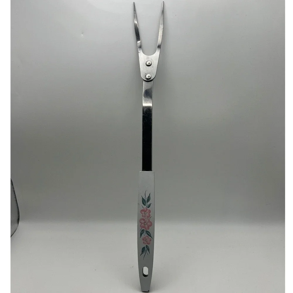 USA Stainless Steel Meat Fork Pink Floral Handle 12 inches 2 Prong Vtg